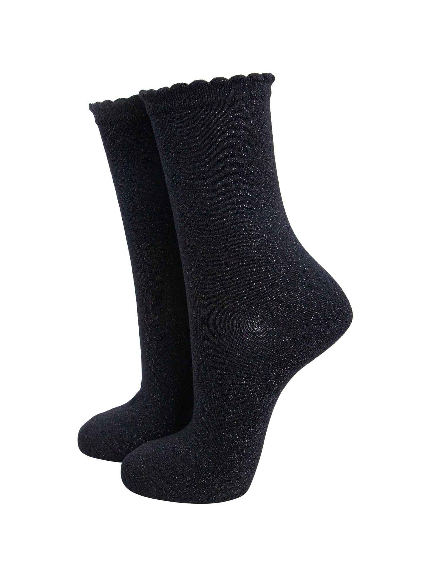 black ankle socks with an all over glitter sparkle and scalloped cuffs