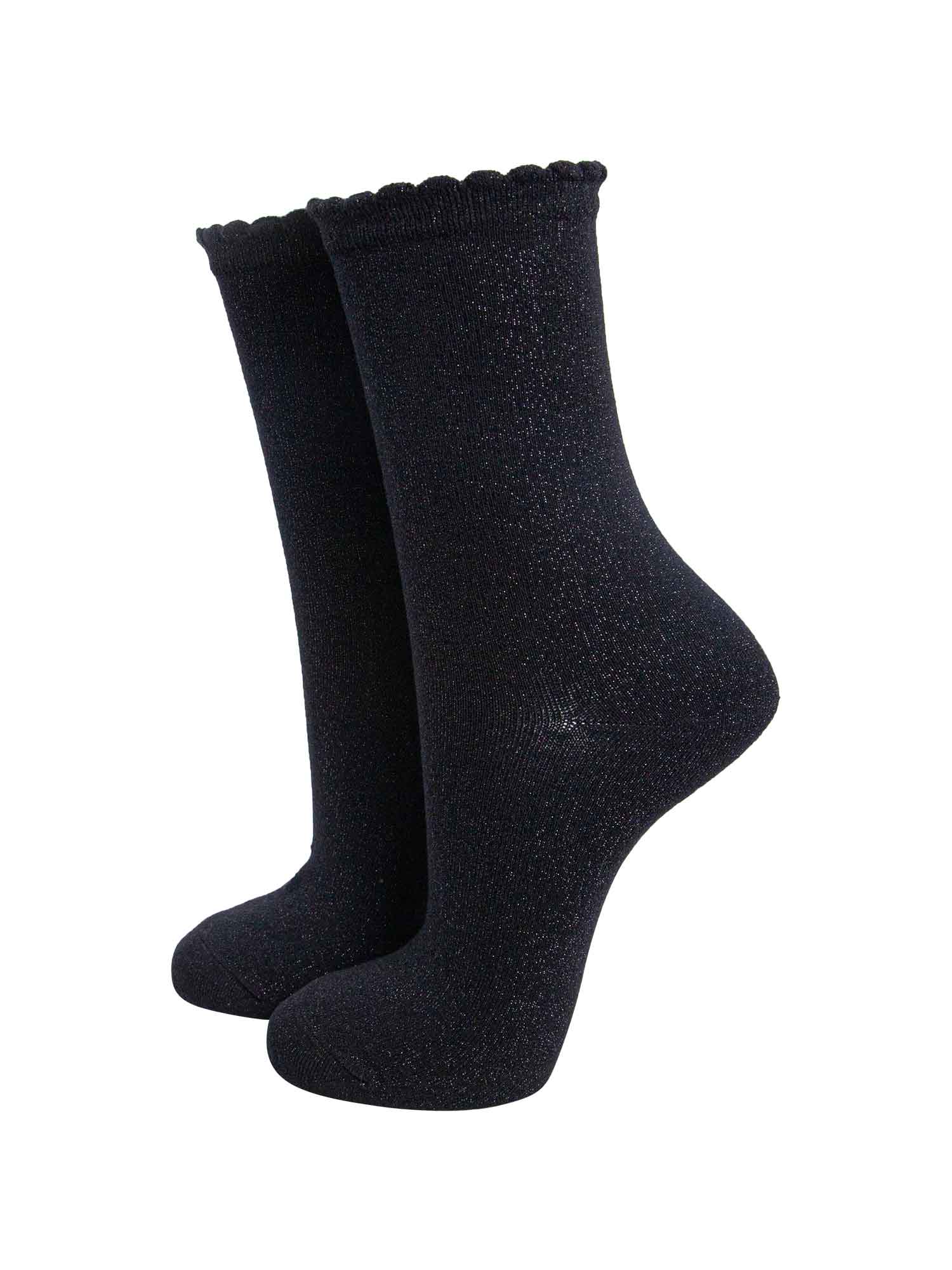 black ankle socks with an all over glitter sparkle and scalloped cuffs