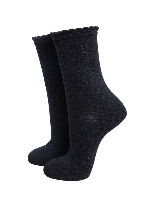 black ankle socks with an all over glitter sparkle and scalloped cuffs