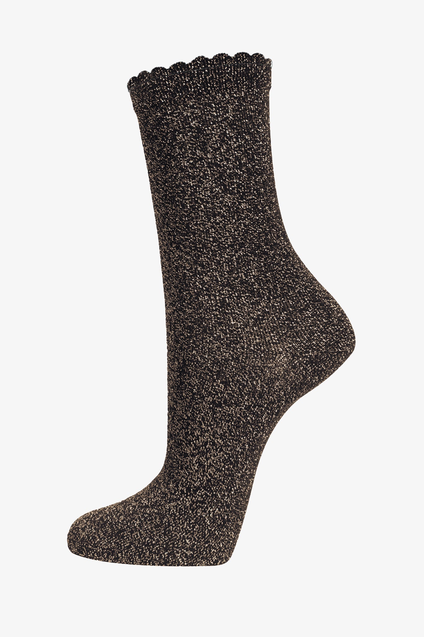 black cotton socks with an all over copper glitter shimmer, the socks have a scalloped cuff edge