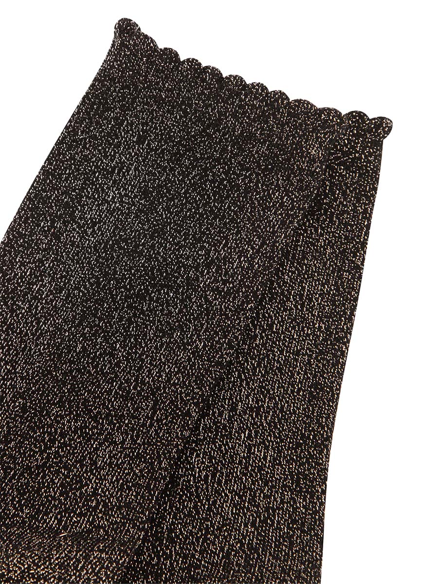 close up of the black and gold sparkly glitter socks, they have a scalloped cuff