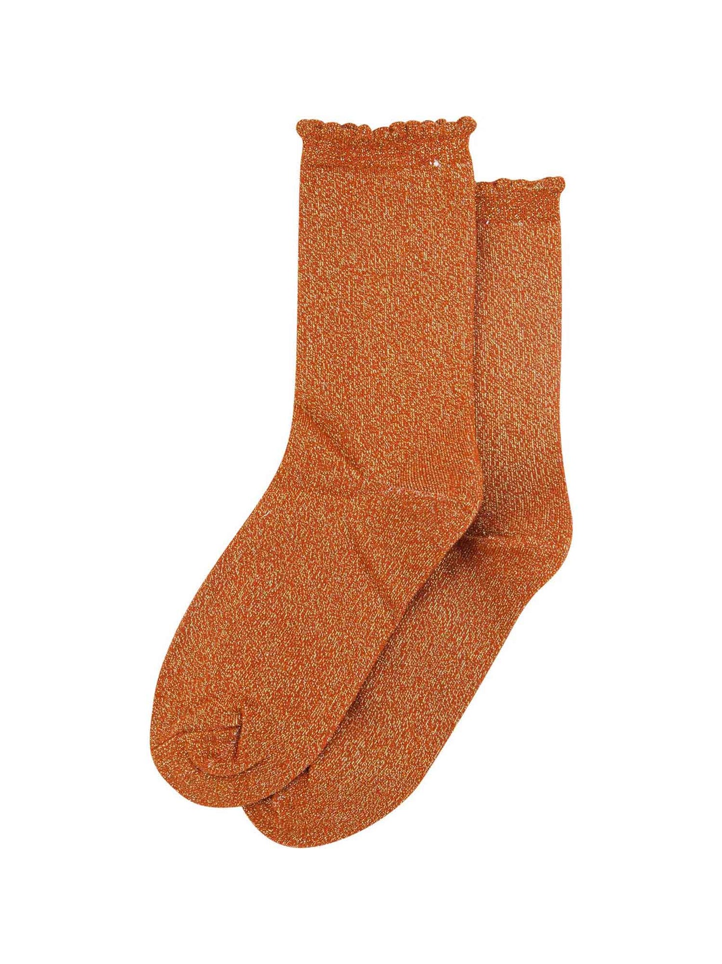 burnt orange cotton socks with an all over silver glitter shimmer, the socks have a scalloped cuff edge