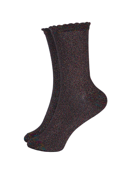 black ankle socks with an all over rainbow glitter shimmer, the socks are ankle socks and have scalloped cuffs