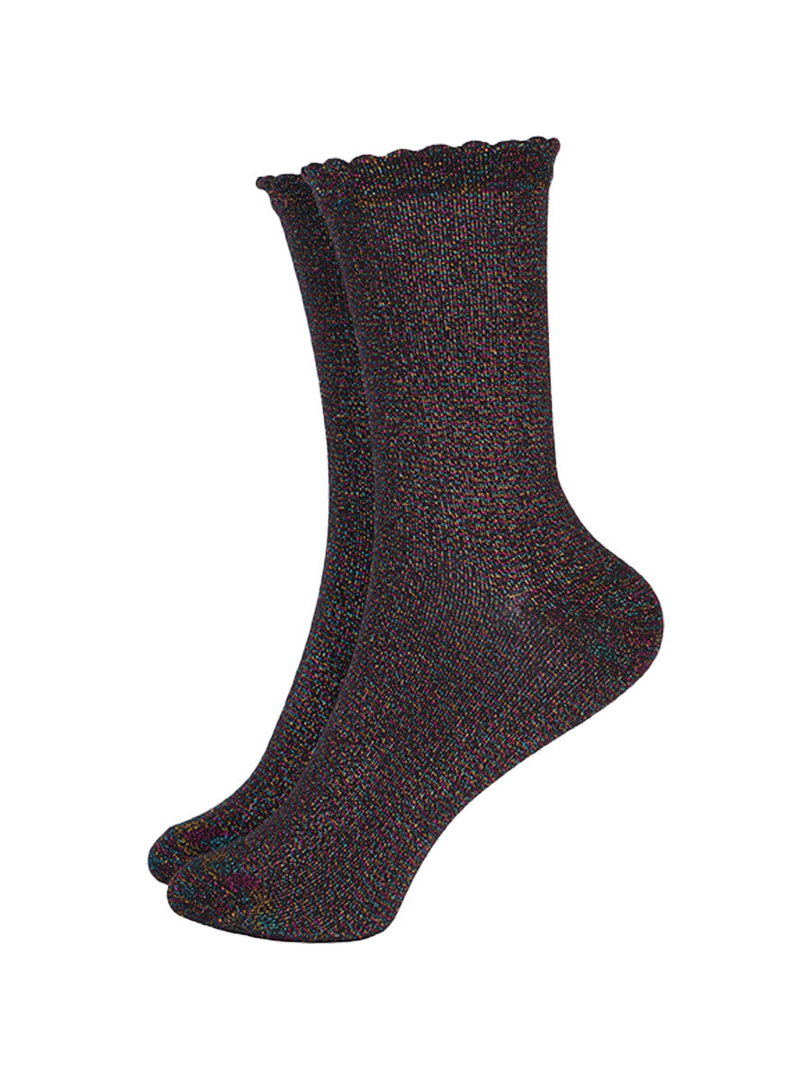 black ankle socks with an all over rainbow glitter shimmer, the socks are ankle socks and have scalloped cuffs