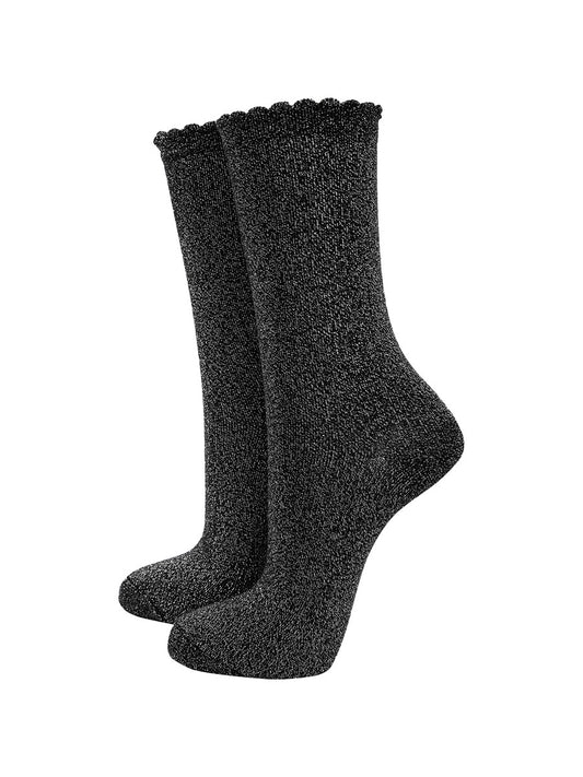 black cotton socks with an all over silver glitter shimmer, the socks have a scalloped cuff edge