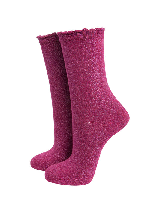 Plain Cotton Glitter Socks in Berry