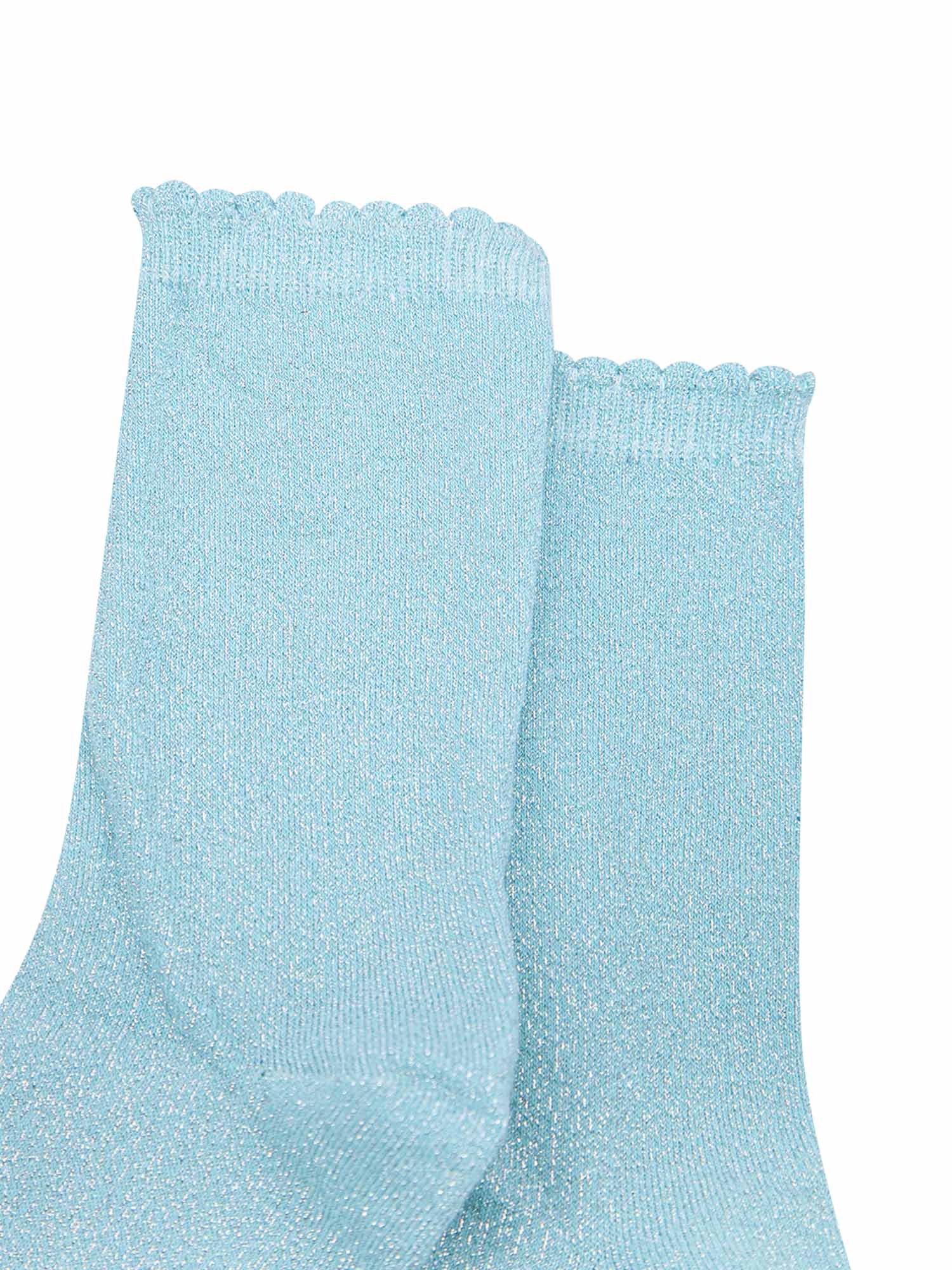 close up of the duck egg blue and silver glitter socks and scalloped cuffs