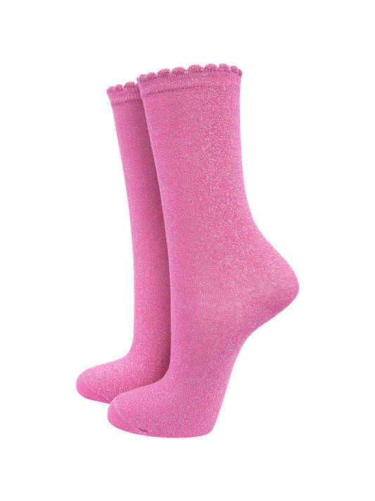 hot pink ankle socks with an all over silver glitter sparkle and scalloped cuffs