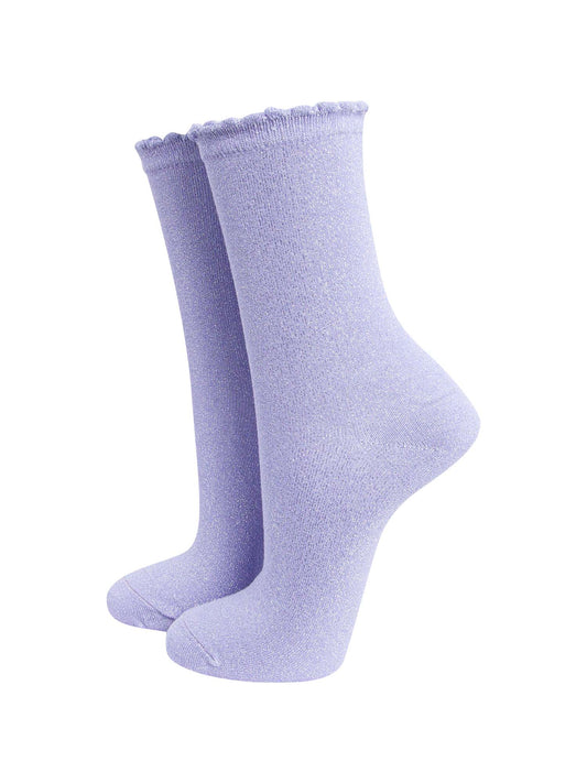 lilac ankle socks with an all over glitter sparkle and scalloped cuffs
