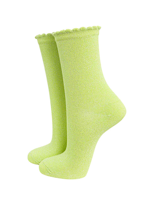 lime green ankle socks with an all over glitter sparkle and scalloped cuffs