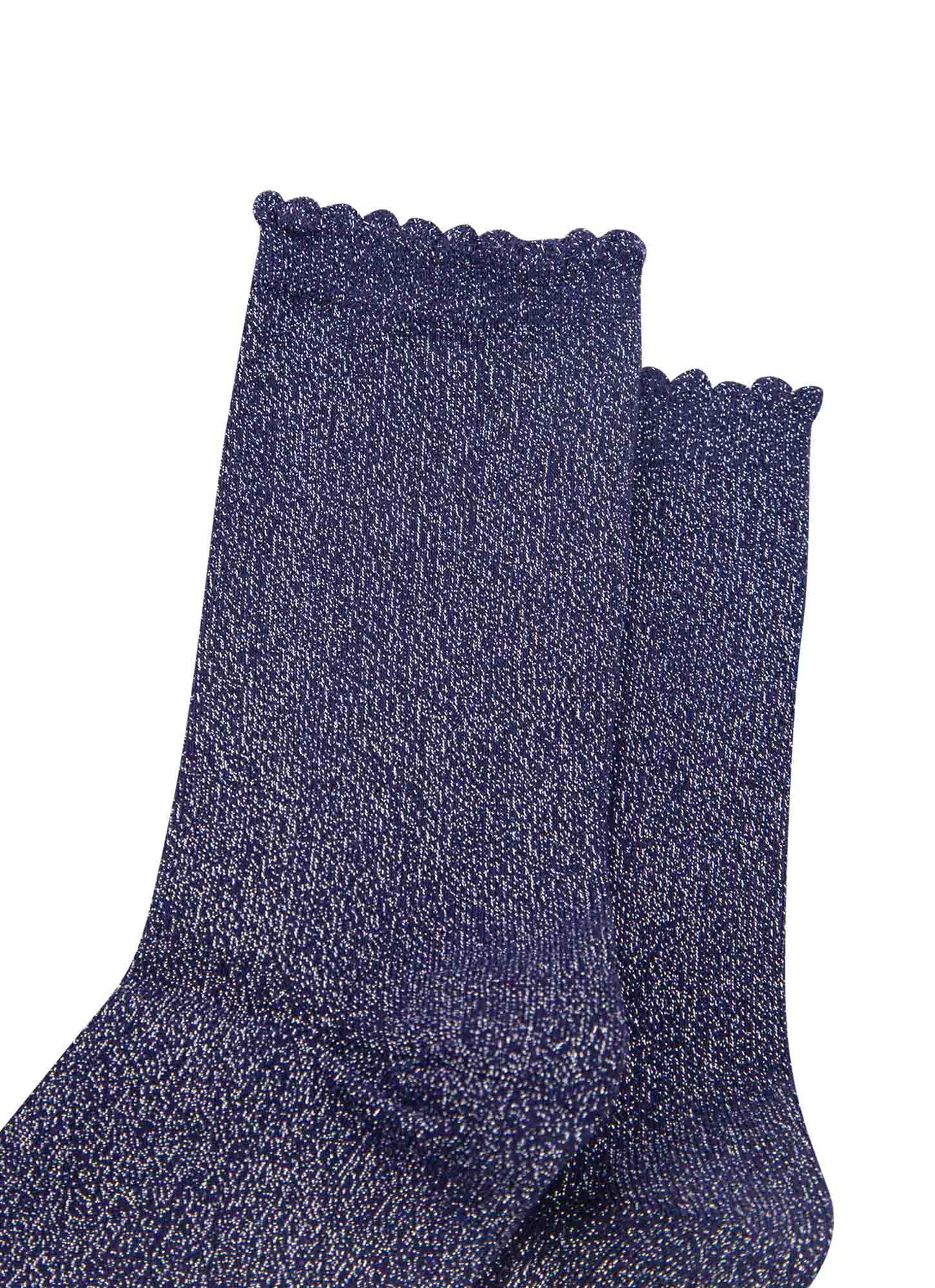 close up of the navy blue and silver glitter socks and scalloped cuffs