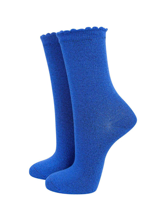 blue ankle socks with an all over glitter sparkle and scalloped cuffs