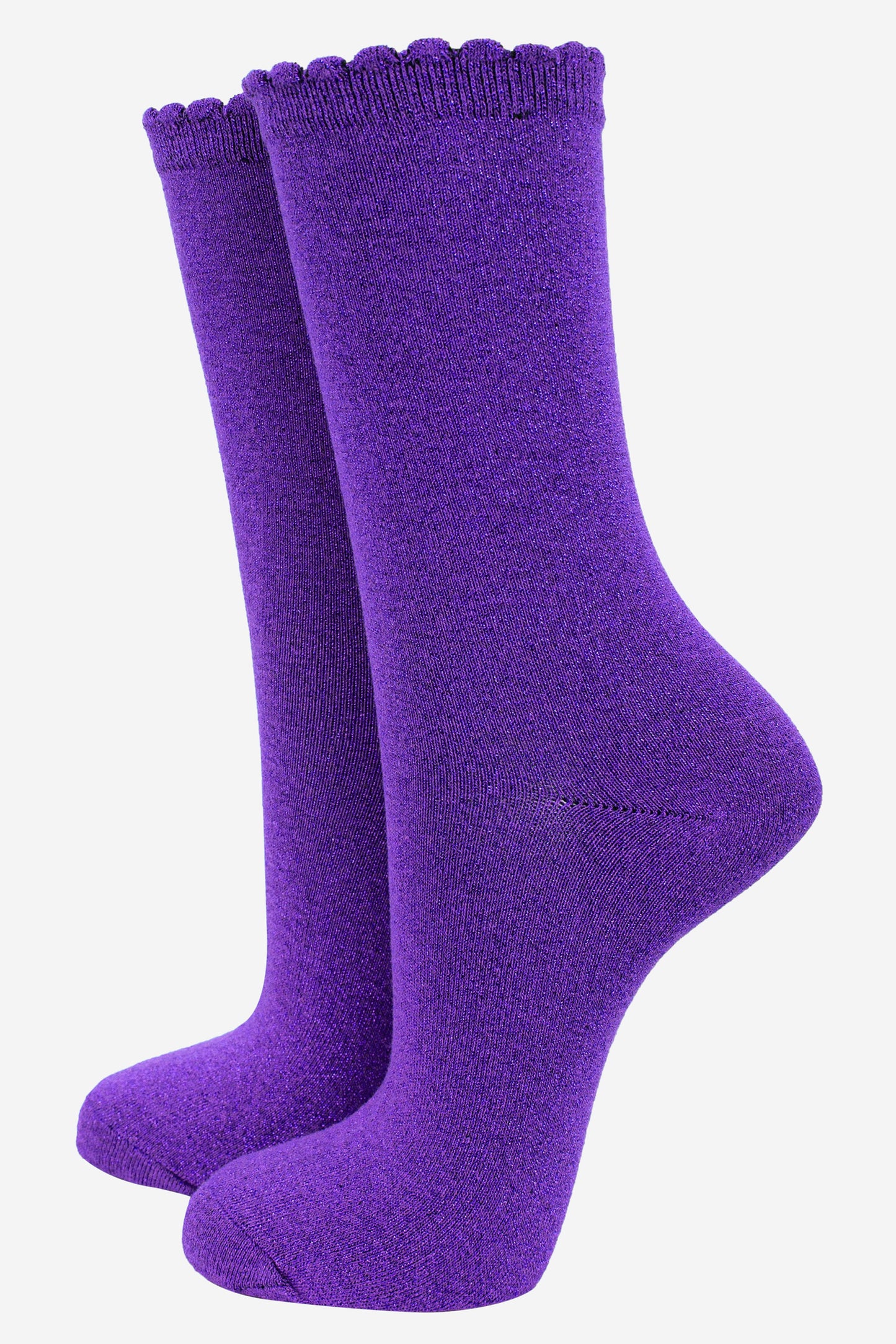 purple cotton socks with an all over glitter shimmer, the socks have a scalloped cuff edge