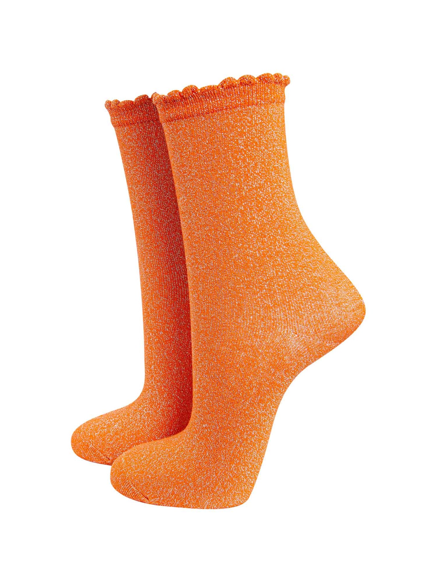 orange ankle socks with an all over glitter sparkle and scalloped cuffs
