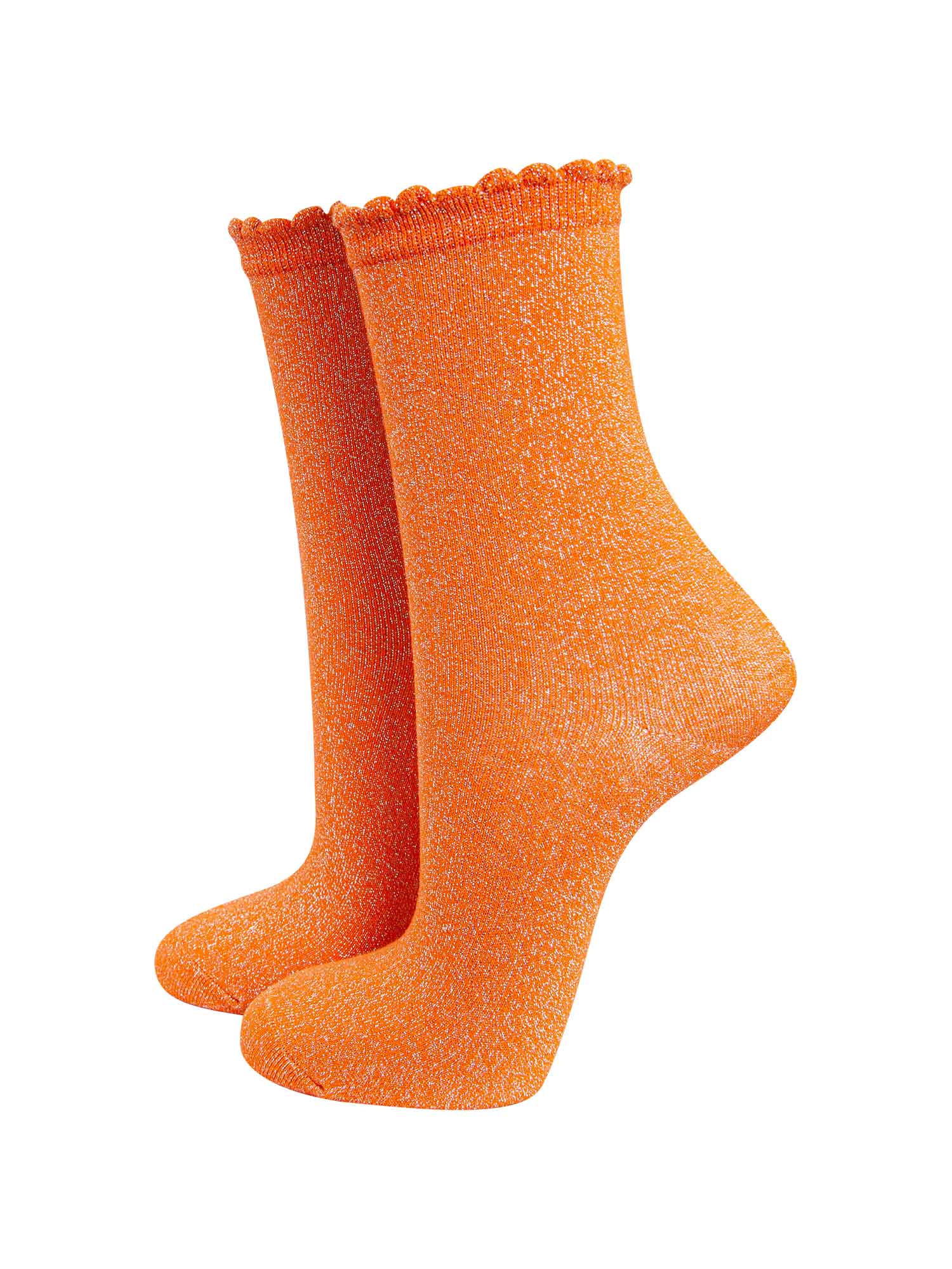 orange ankle socks with an all over glitter sparkle and scalloped cuffs

