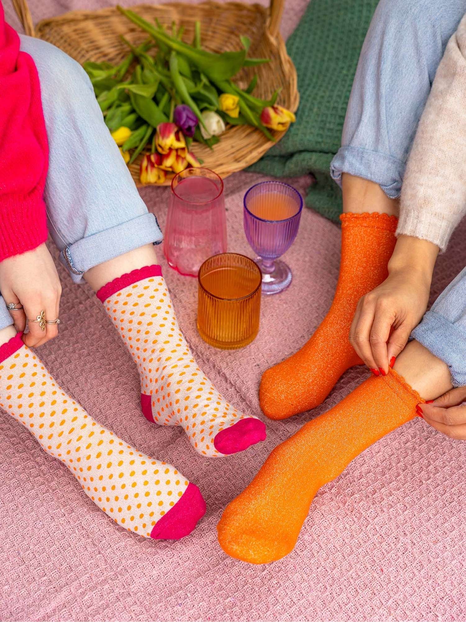 polka-dot-prink-cream-and-pink-cotton-glitter-socks-orange-cotton-glitter-socks