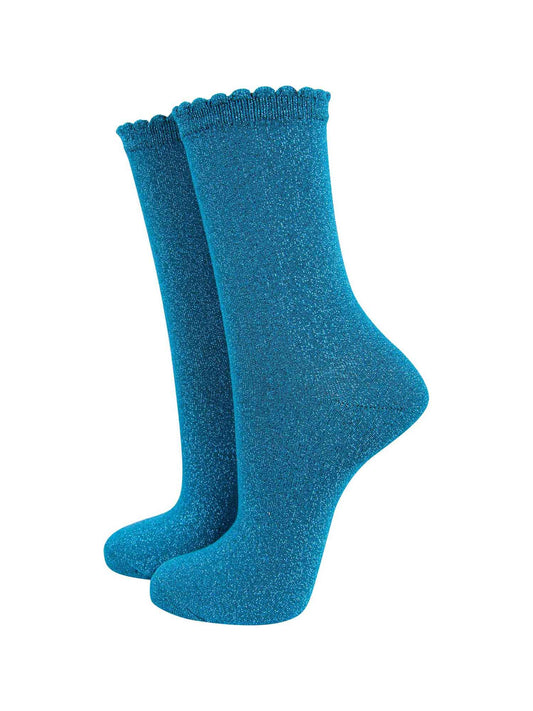 Plain Cotton Glitter Socks in Teal