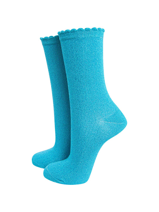turquoise ankle socks with an all over sparkly glitter shimmer