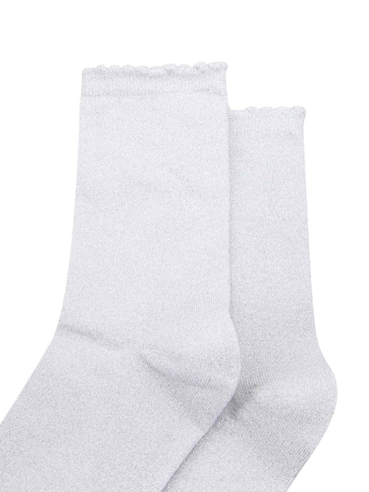 white cotton socks with an all over silver glitter shimmer, the socks have a scalloped cuff edge