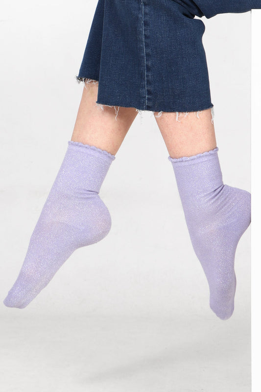Womens Cotton Glitter Ankle Socks Scalloped Cuff in Lilac