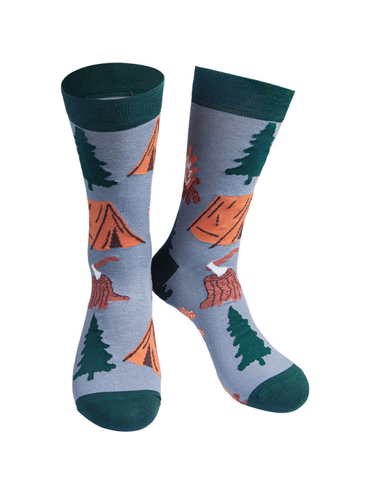 grey, green camping socks featuring tents, trees and tree stumps