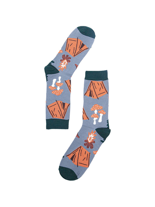 grey, green bamboo dress socks featuring tents, campfires, toadstools and trees