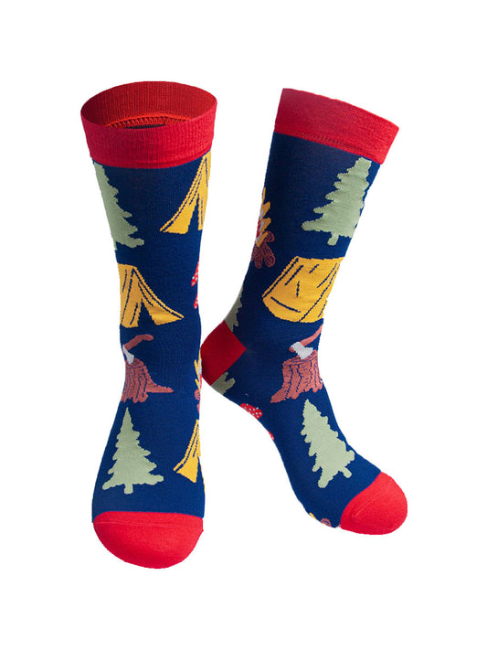 blue, red men's dress socks featuring tents, trees and campfires