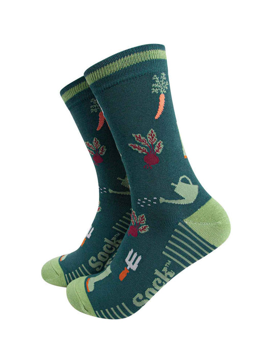 mens-bamboo-socks-forest-green-green-gardening-vegetables