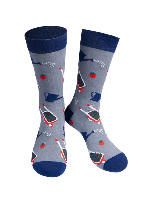 grey, navy blue bamboo socks featuring wheelbarrows, watering cans and tomatos