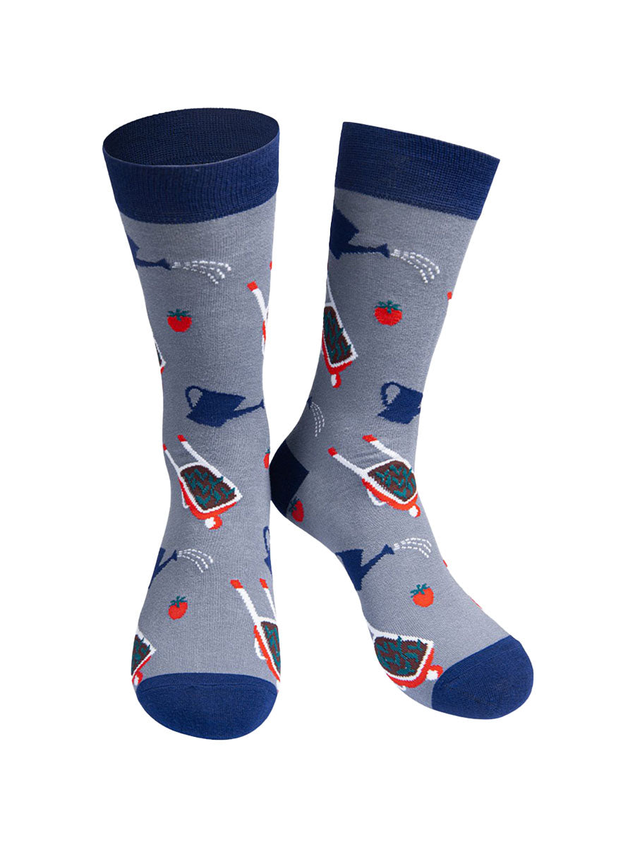 grey, navy blue bamboo socks featuring wheelbarrows, watering cans and tomatos