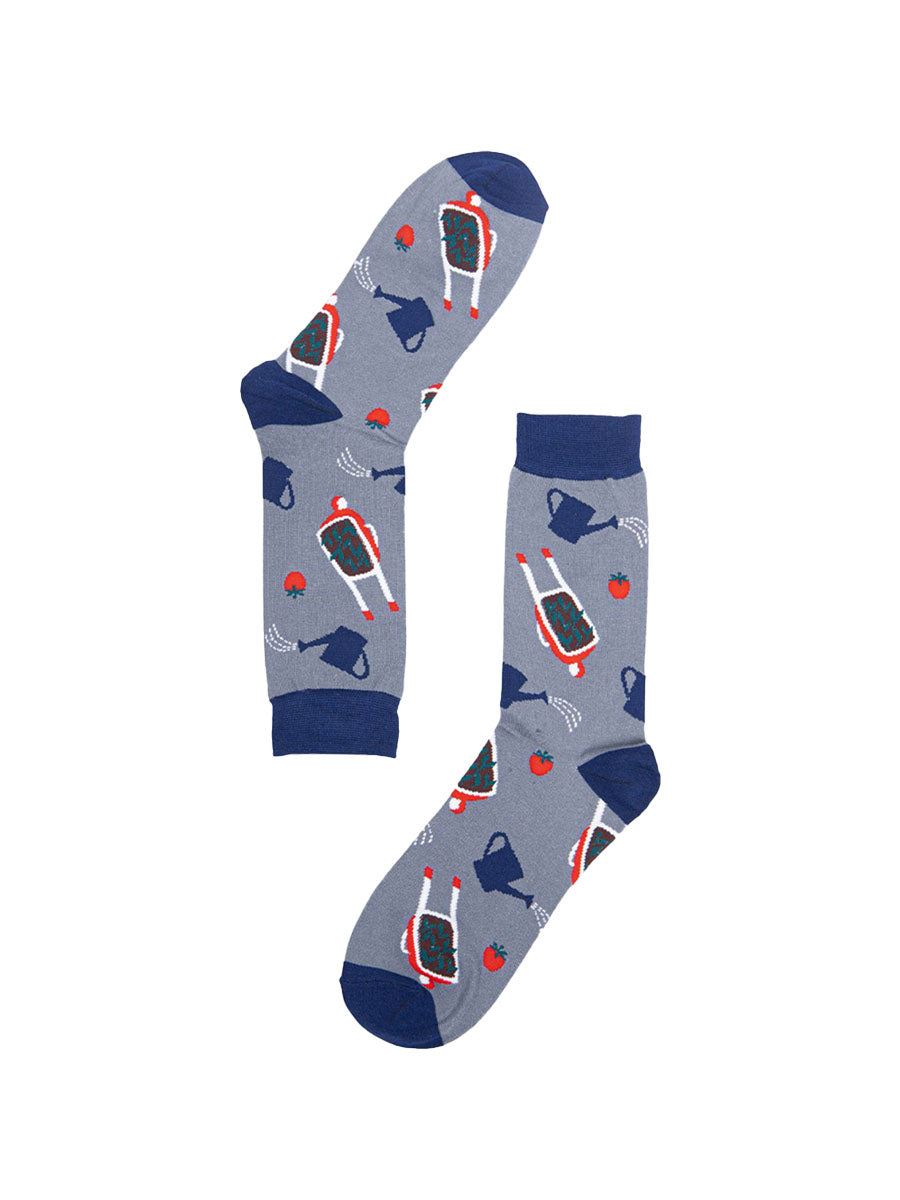 grey, blue dress socks with wheelbarrows and watering cans