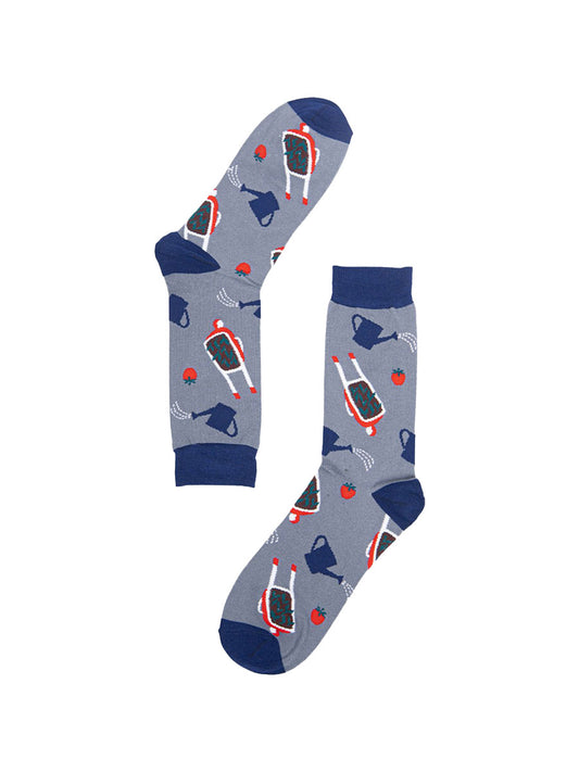 grey, blue dress socks with wheelbarrows and watering cans