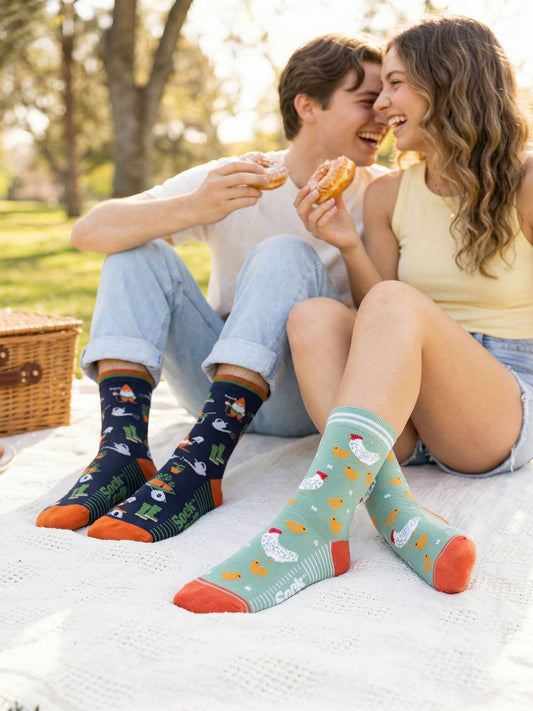Hens-and-Chicks-Bamboo-Socks-in-Green-Garden-Gnomes-Bamboo-Socks-in-Navy-Blue