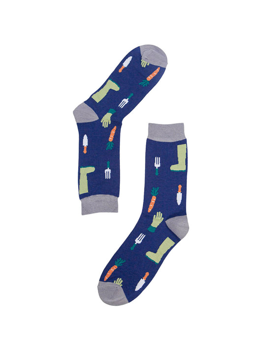 showing the garden tool pattern on the blue and grey socks