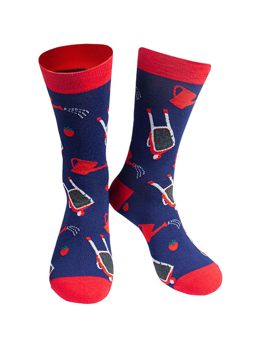 navy blue, red wheelbarrow and wartering can pattern socks