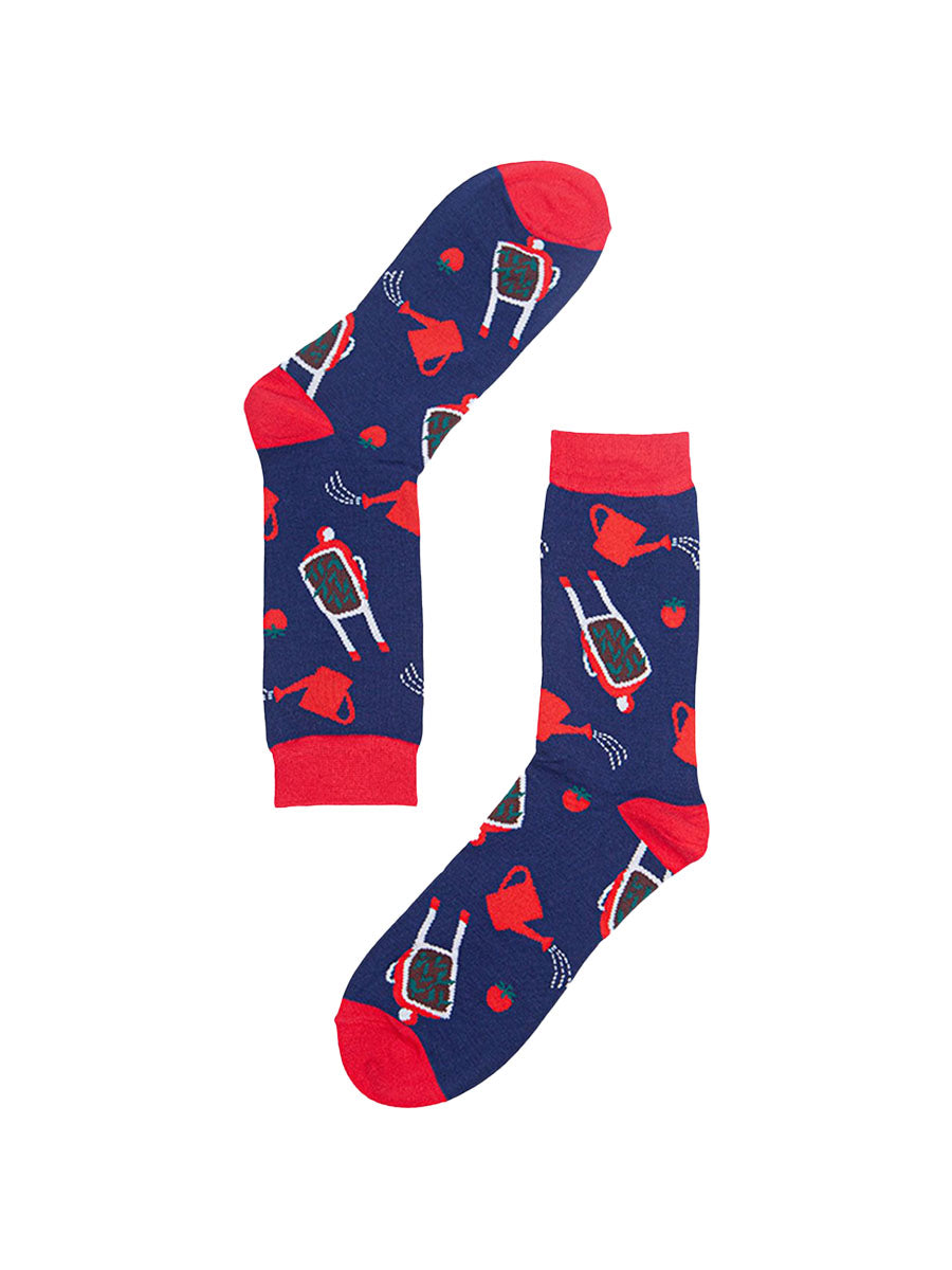 navy blue, red wheelbarrow and wartering can pattern socks
