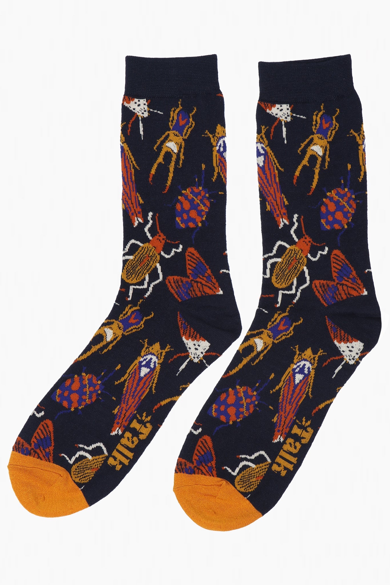 navy blue socks with an all over pattern of insects, beetles and moths in orange and yellow