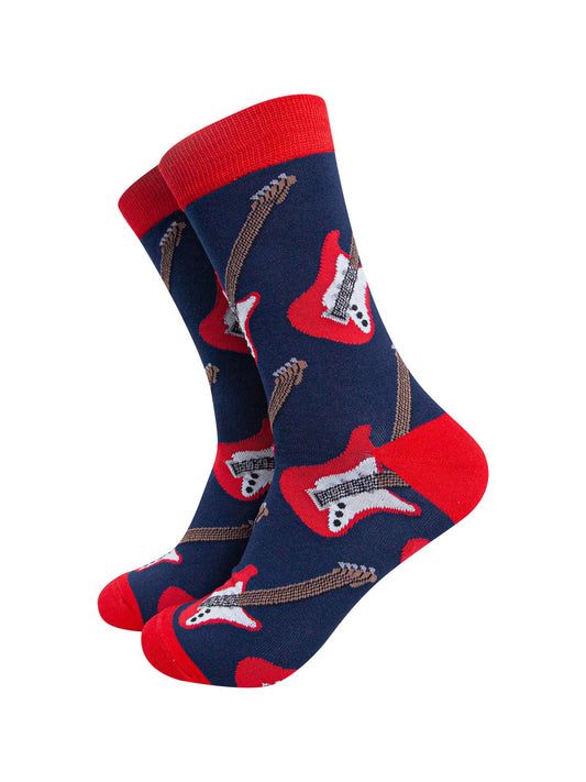 navy blue bamboo socks with red heel, toe and cuff and a pattern of red and white electric guitars
