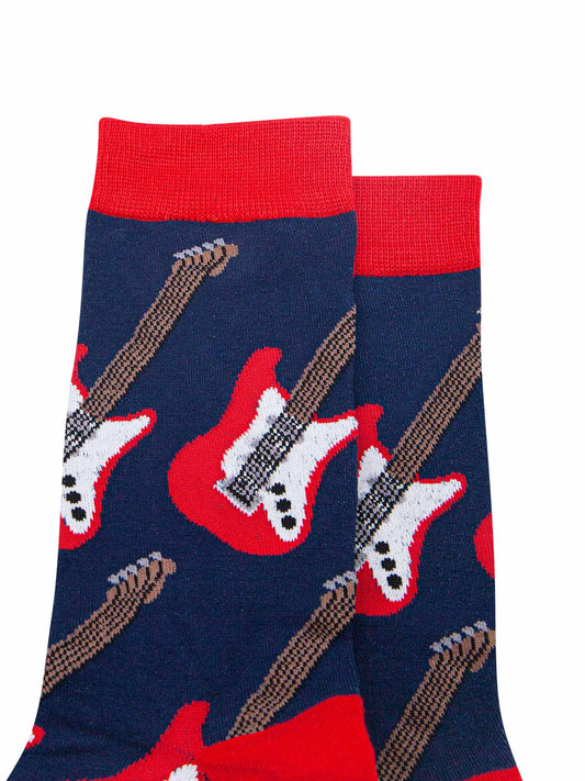 close up of the toe and cuff of the socks, both are red and contrast the navy blue background of the socks