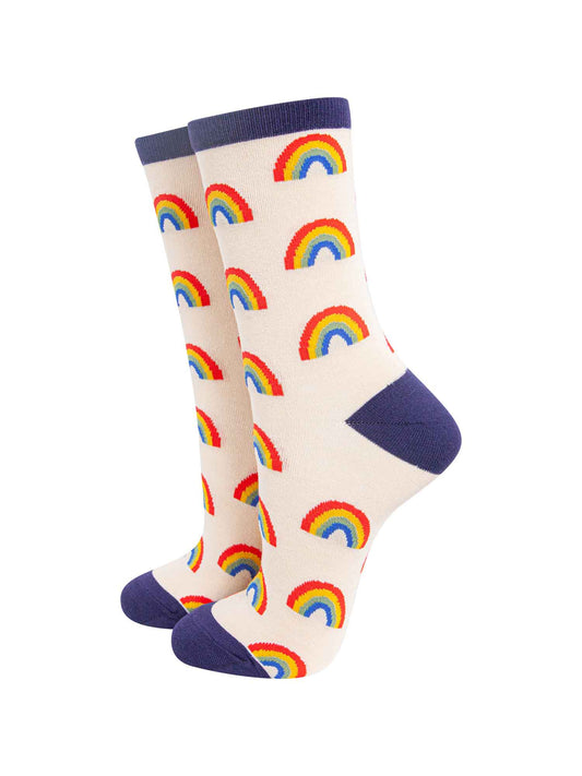 cream, navy blue ankle socks with mutlicoloured rainbows all over