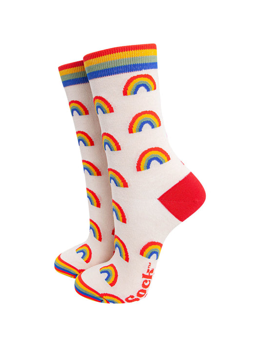 cream bamboo ankle socks with multicoloured rainbows all over and rainbow trim and toes