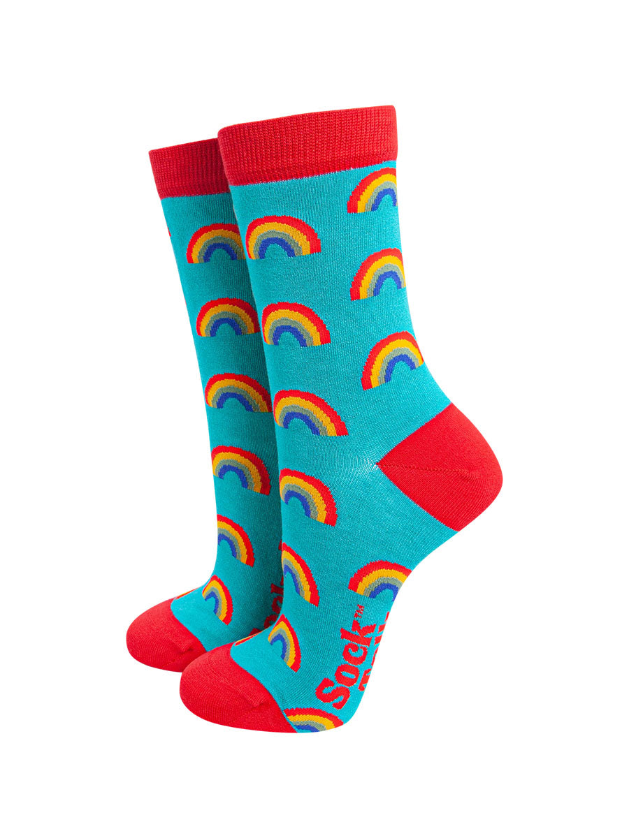 turquoise, red bamboo ankle socks with multicoloured rainbows all over 
