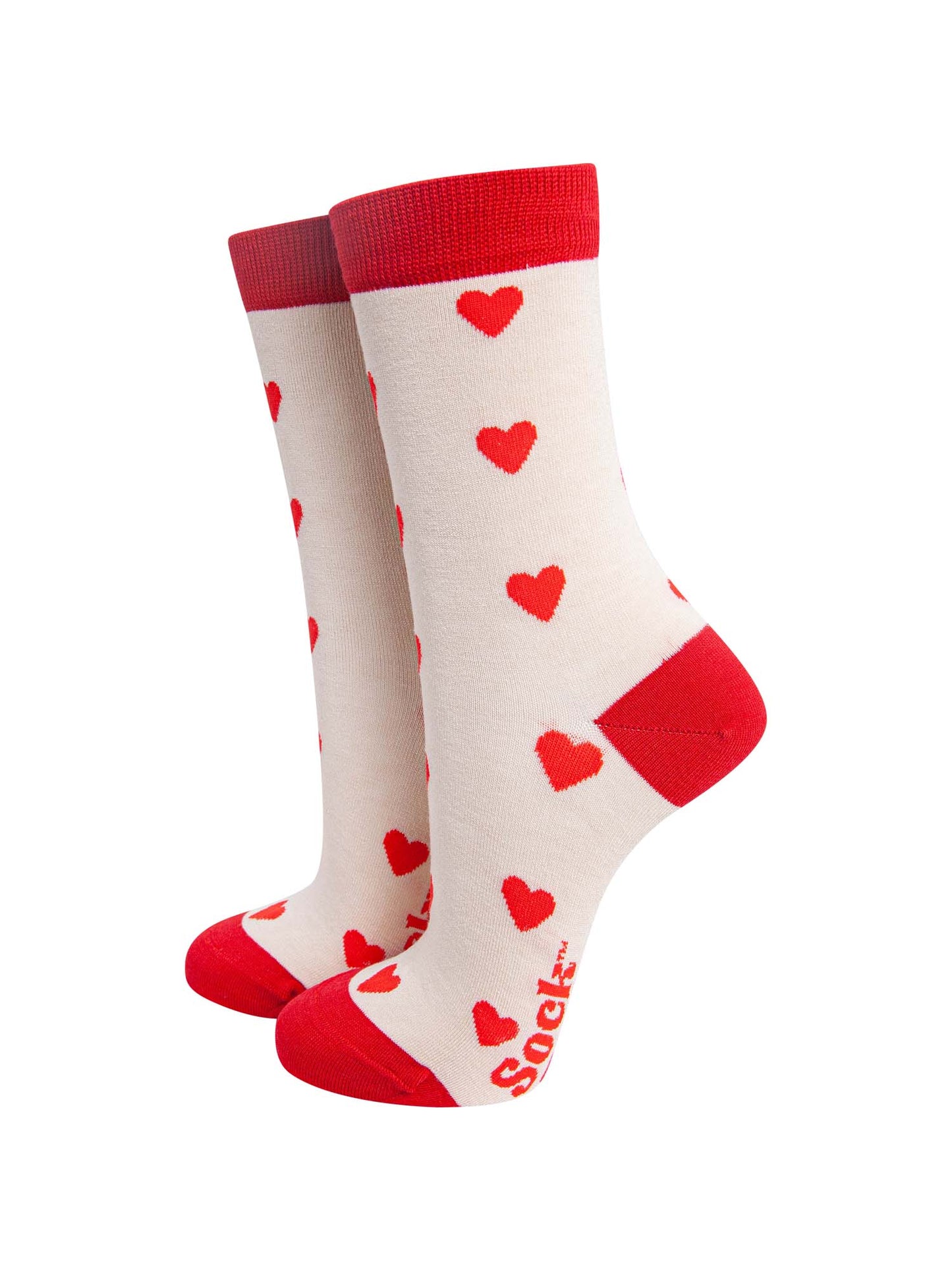 cream, red bamboo socks with an all over red love heart pattern
