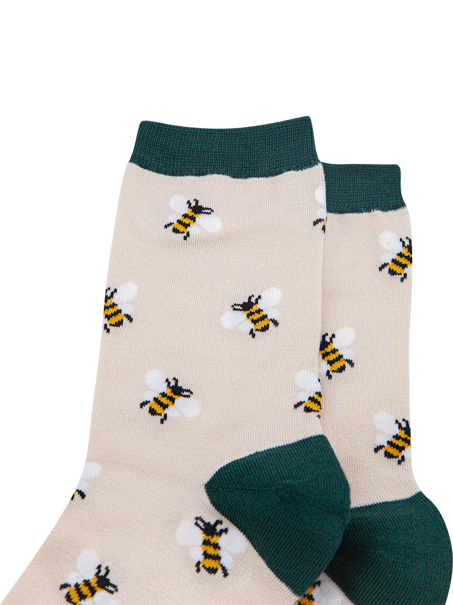 cream bamboo socks, green toe, heel and trim, all over bee print