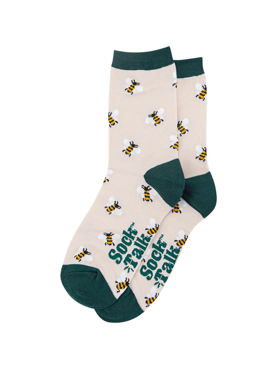 cream, green bamboo socks with bumblebees on them