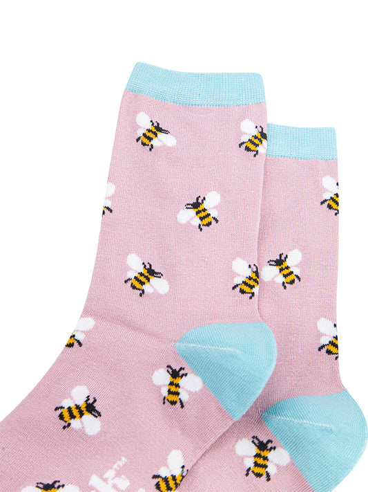 pink socks with blue, heel, toe and trim with bumblebees on them