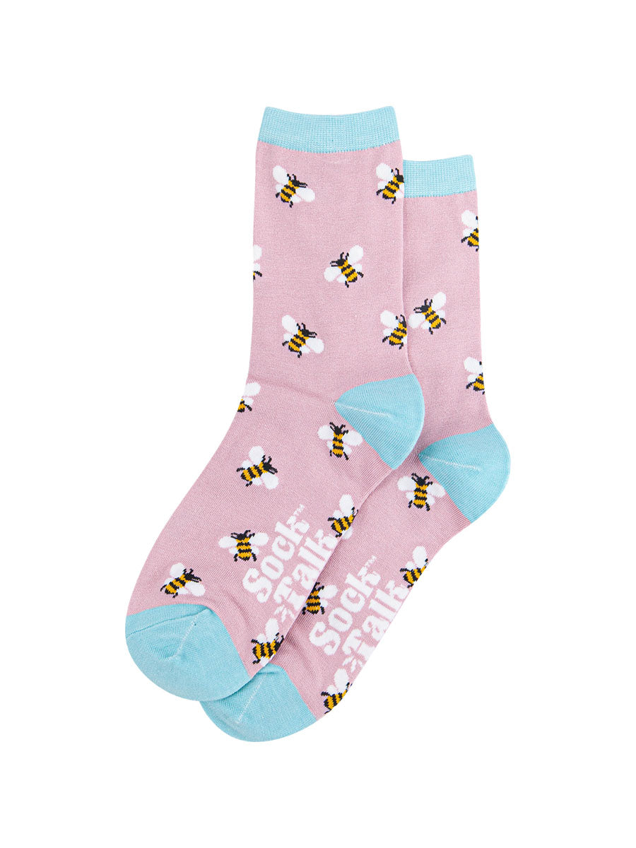pink socks with blue, heel, toe and trim with bumblebees on them