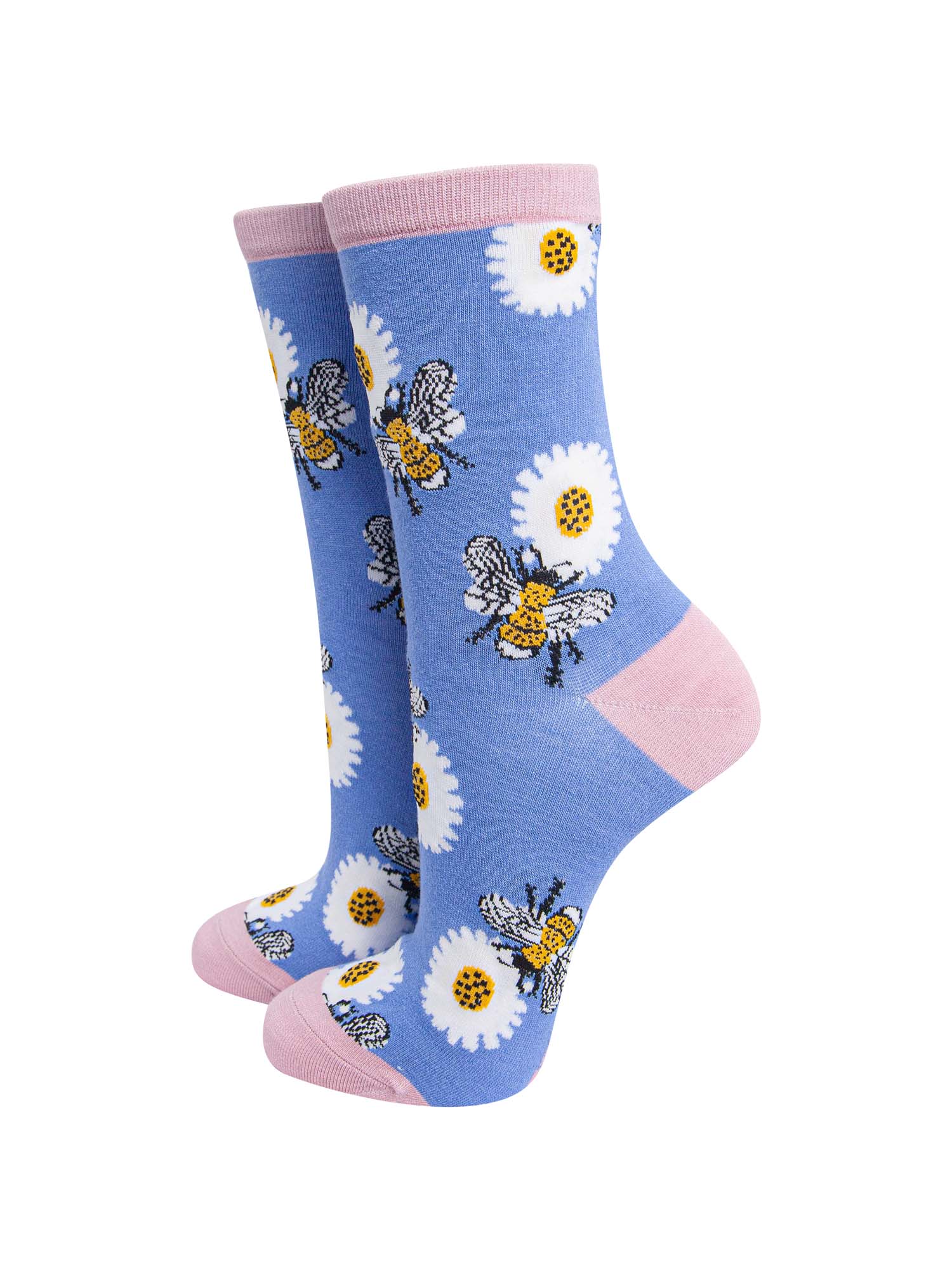 lilac, pink bamboo socks with yellow bees and white daisy flowers