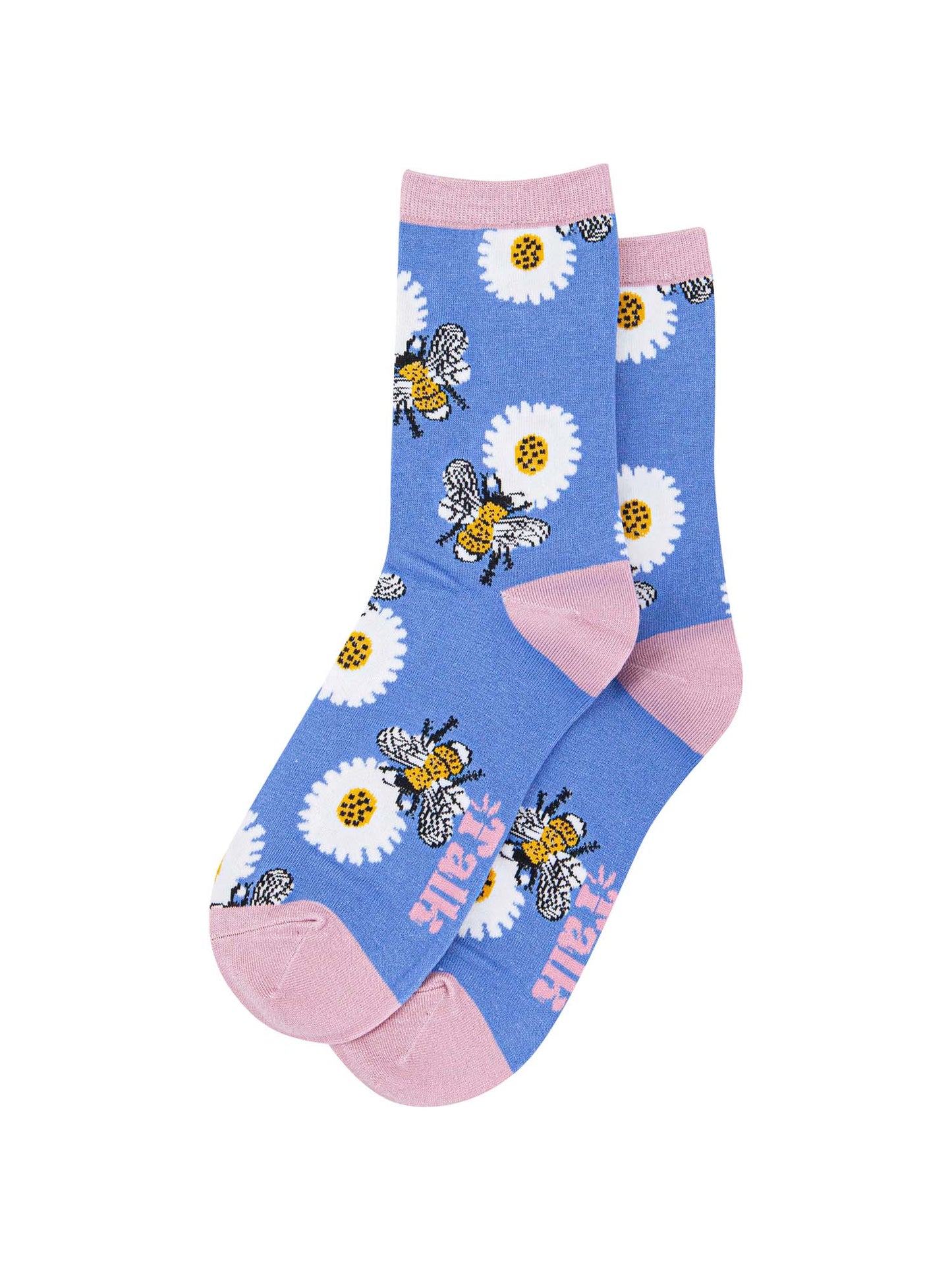 blue, pink ankle socks with bees and daisies