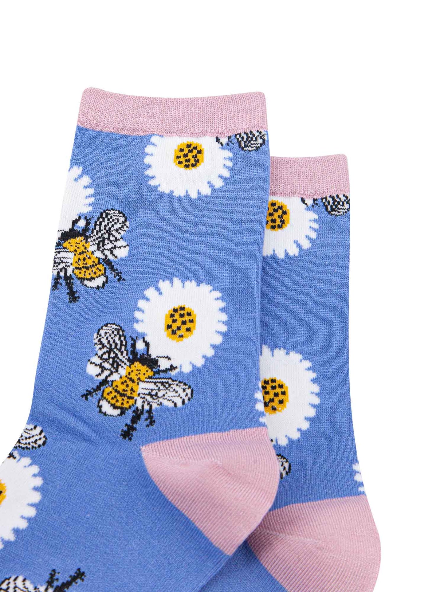 blue, pink ankle socks with bees and daisies